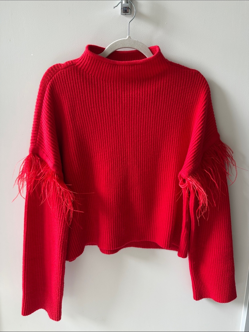Saylor Red Feather-Trim Ribbed Mock Neck Sweater